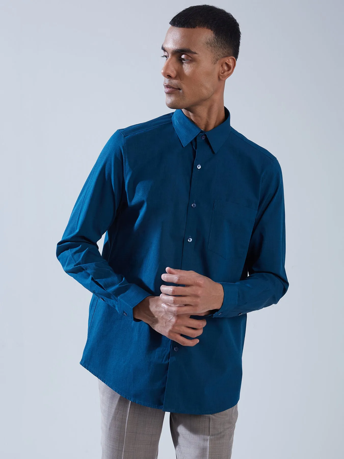 100% Cotton Teal Blue SLIM FIT Full Sleeve Formal Mens Plain Shirt