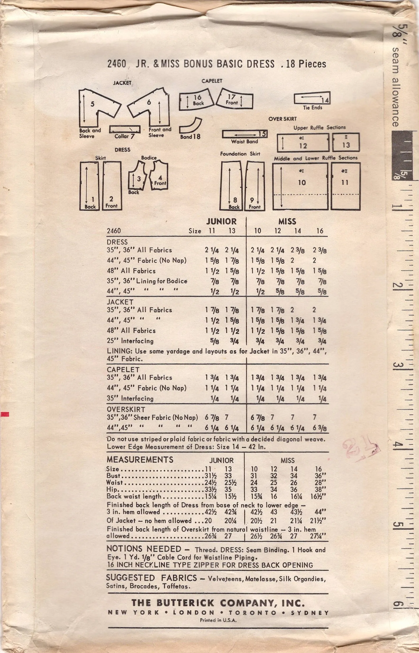 1960's Butterick Sheath Dress and Jacket Pattern with Capelet and Ruffle Overskirt - Bust 31.5" - No. 2460