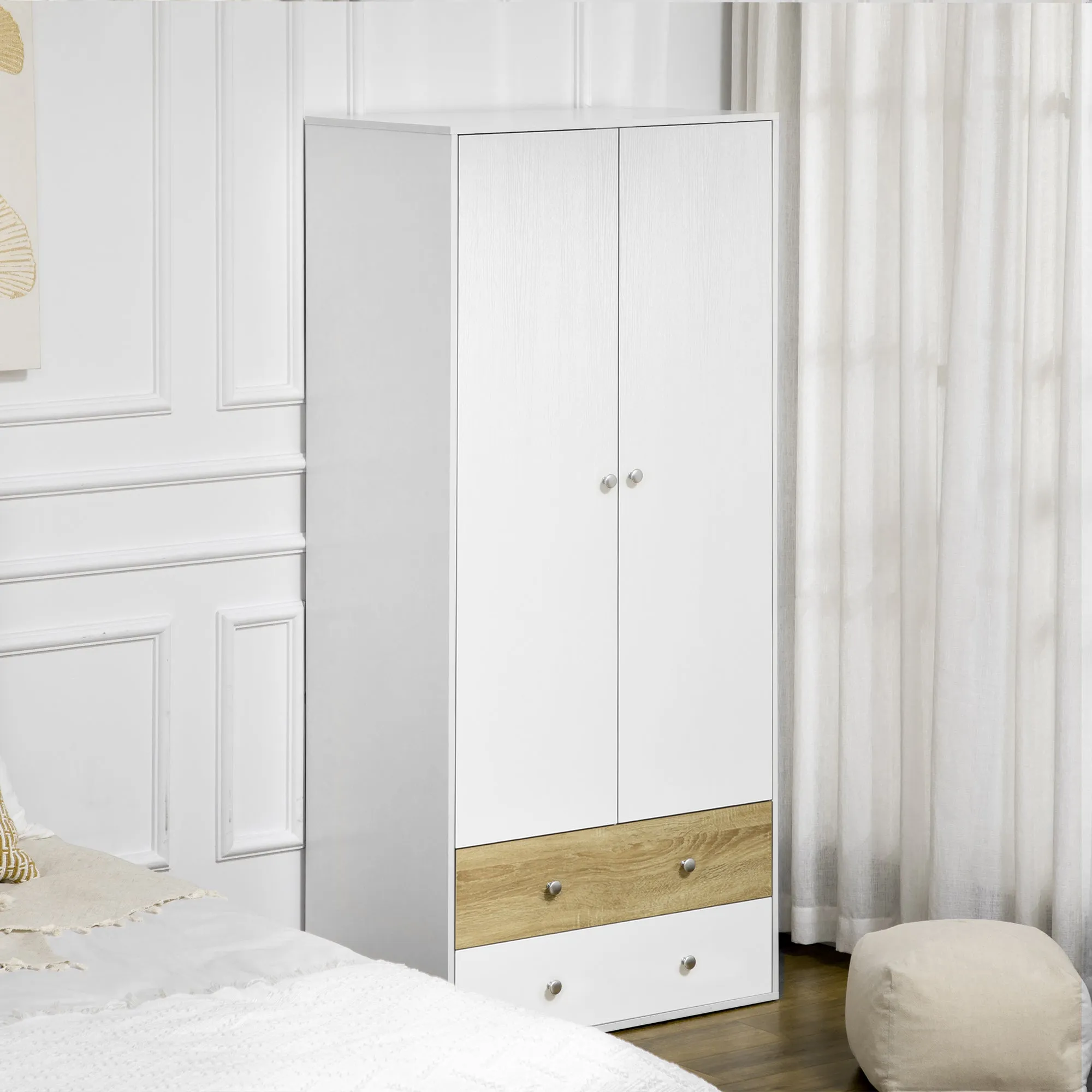 2 Door Wardrobe White Wardrobe with Drawers and Hanging Rod for Bedroom Clothes Organisation and Storage