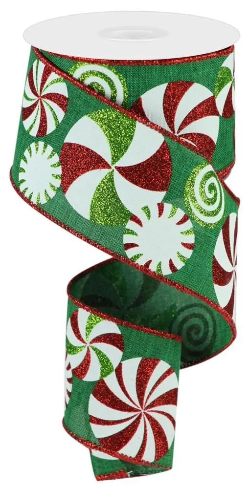 2.5" Bold Peppermint Ribbon: Emerald/Red/Wht - 10yds