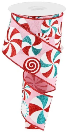 2.5" Bold Peppermint Ribbon: Lt Pink/Red/Wht/Turq - 10yds