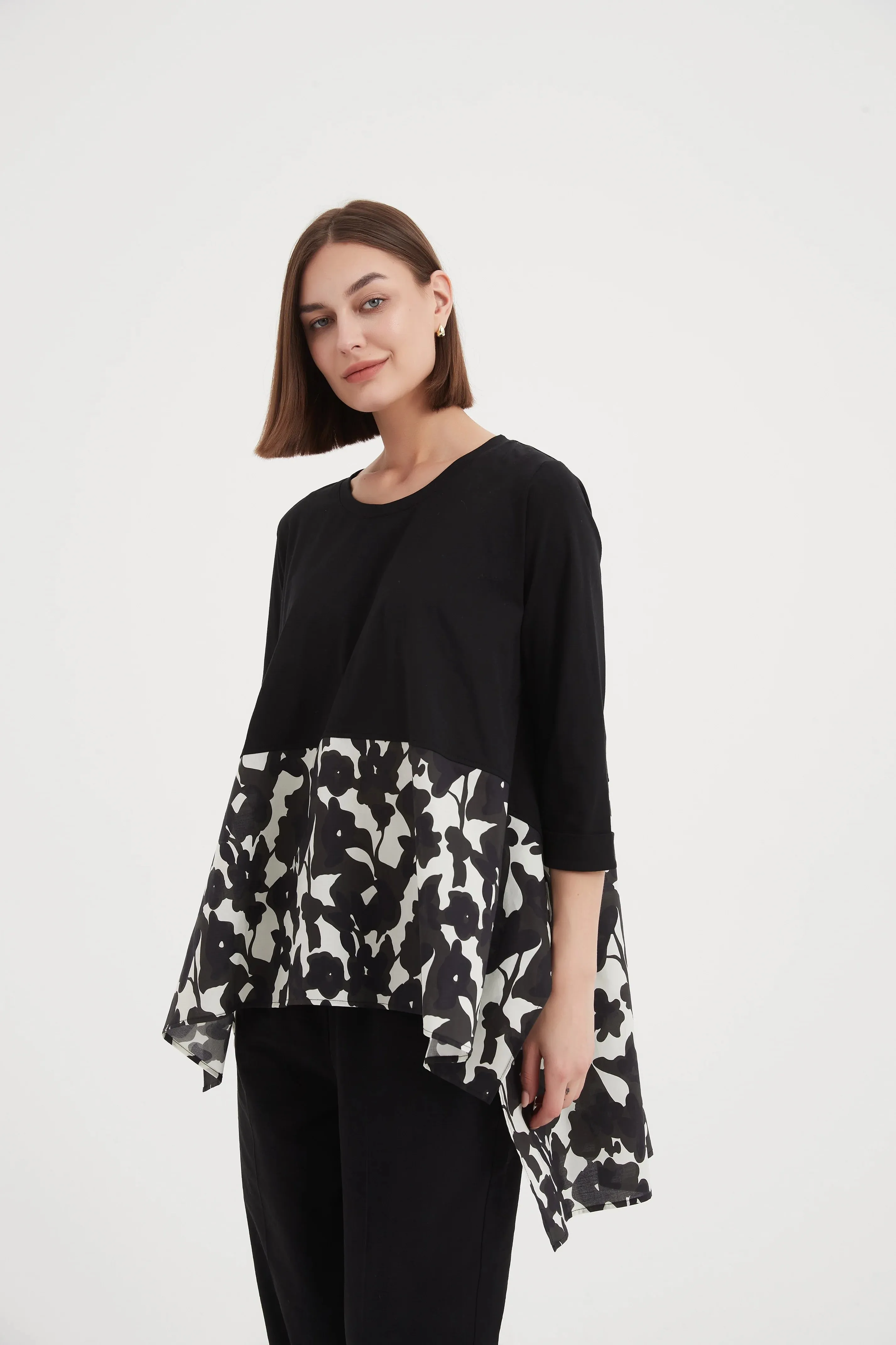 3/4 Sleeve Ava Print Combi Top | Black Floral