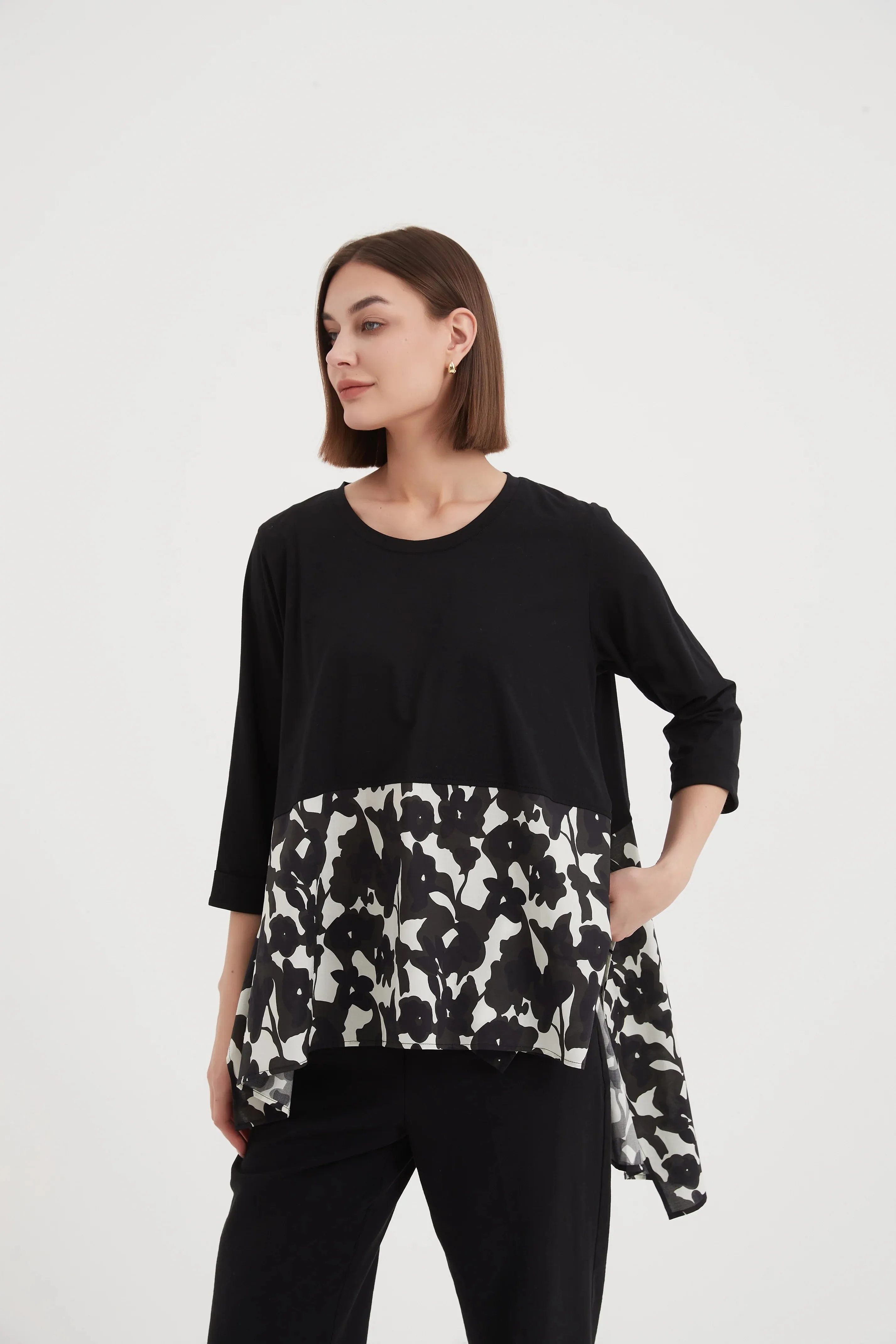 3/4 Sleeve Ava Print Combi Top | Black Floral