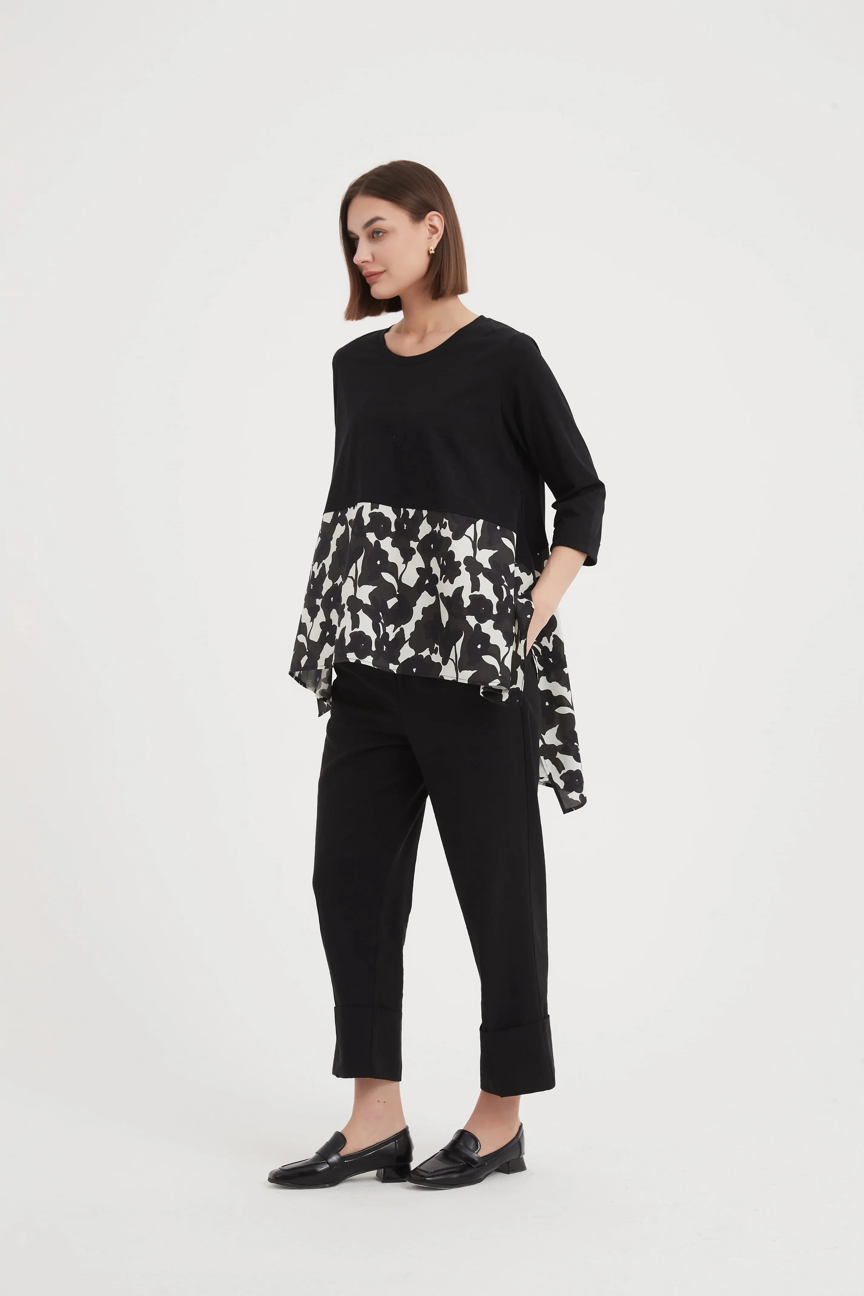 3/4 Sleeve Ava Print Combi Top | Black Floral