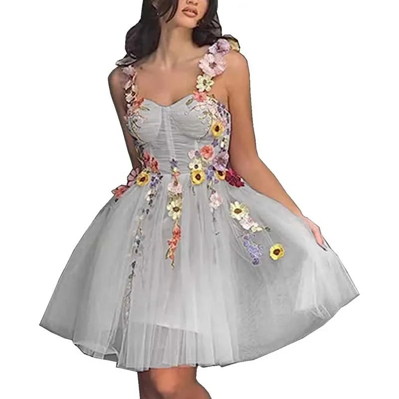 3D Flowers Spaghetti Straps Prom Dress A-line Wedding Gown Birthday Party Dress Tulle Evening Dress