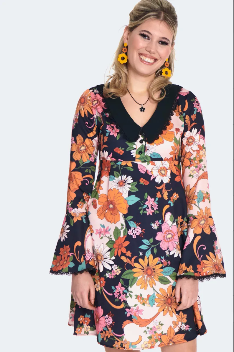 60s Floral Flared Sleeve Babydoll Dress-FINAL SALE