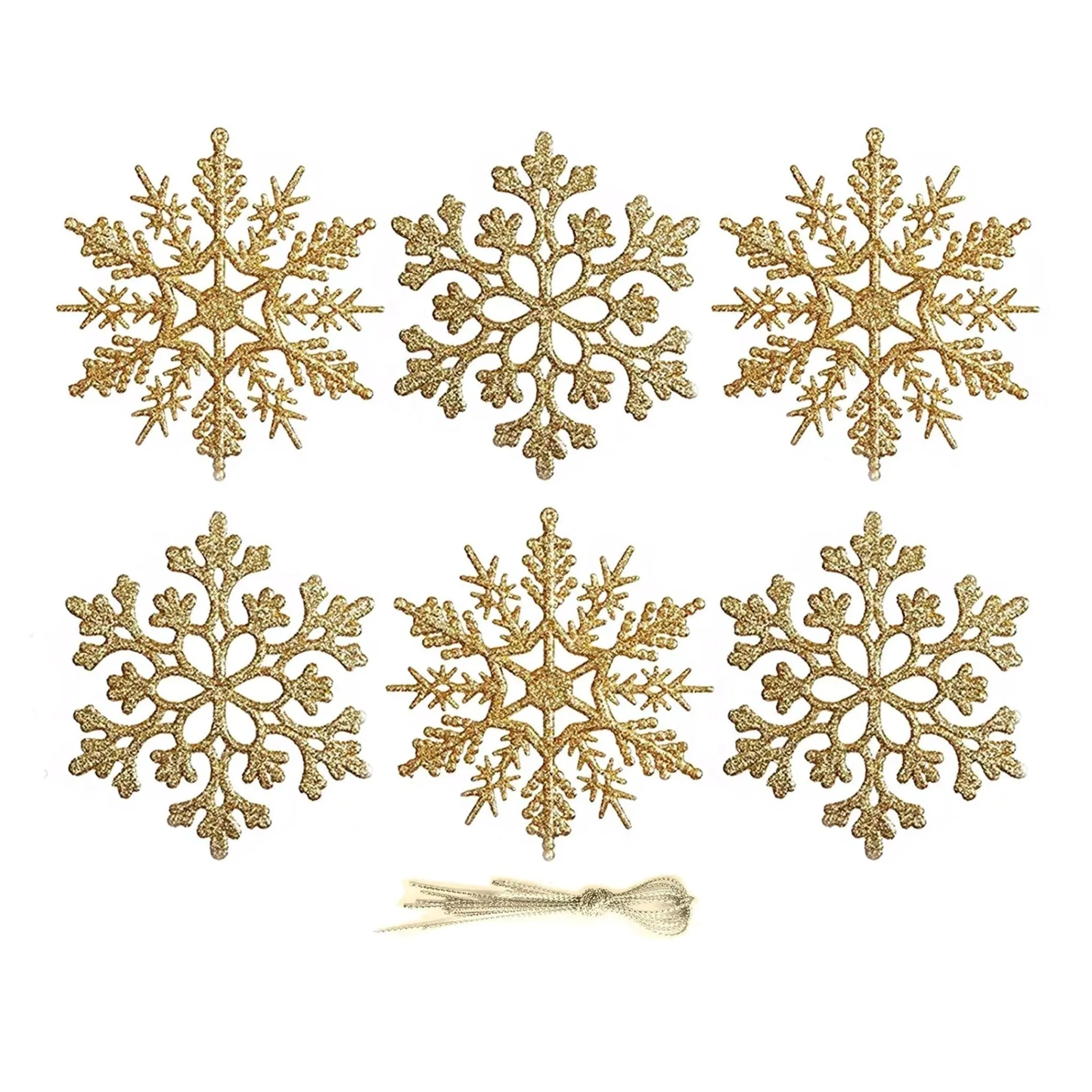 6pcs 10cm Gold Glittered Snowflakes with Hanging Strings 01306