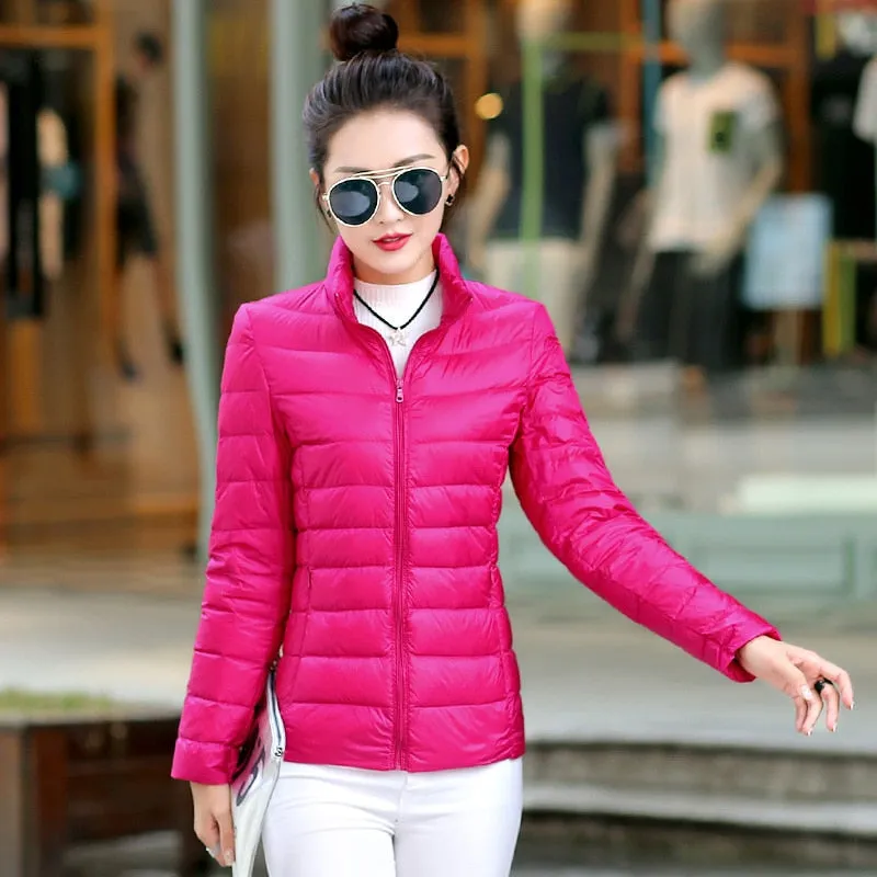 7XL Women 90% White Duck Down Jackets Women&#39;s Ultra Light Thin Duck Down Coat Autumn Winter Warm Stand Collar Hiking Abrigos Hot