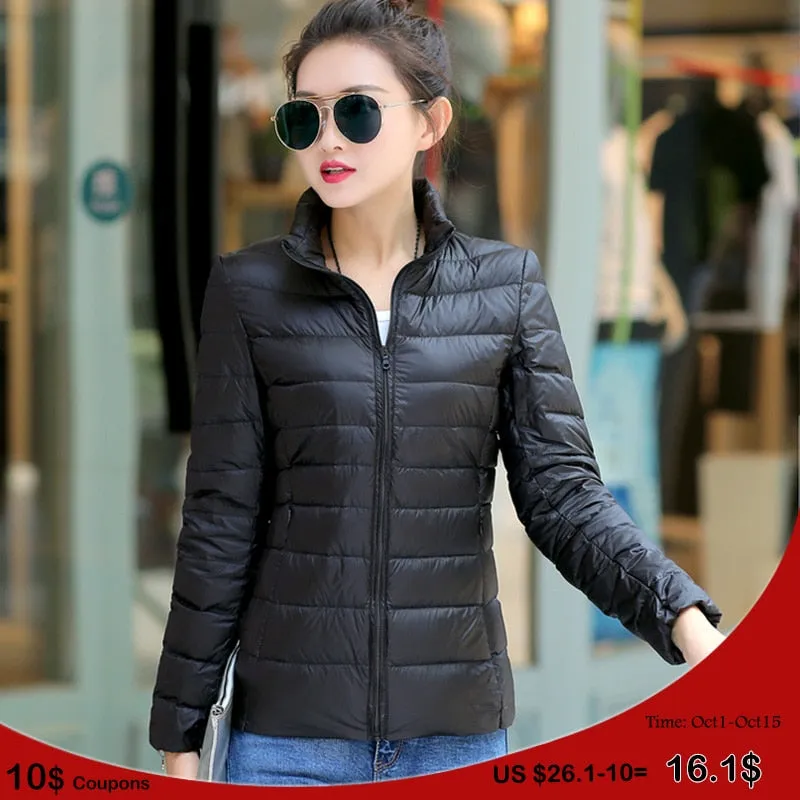 7XL Women 90% White Duck Down Jackets Women&#39;s Ultra Light Thin Duck Down Coat Autumn Winter Warm Stand Collar Hiking Abrigos Hot