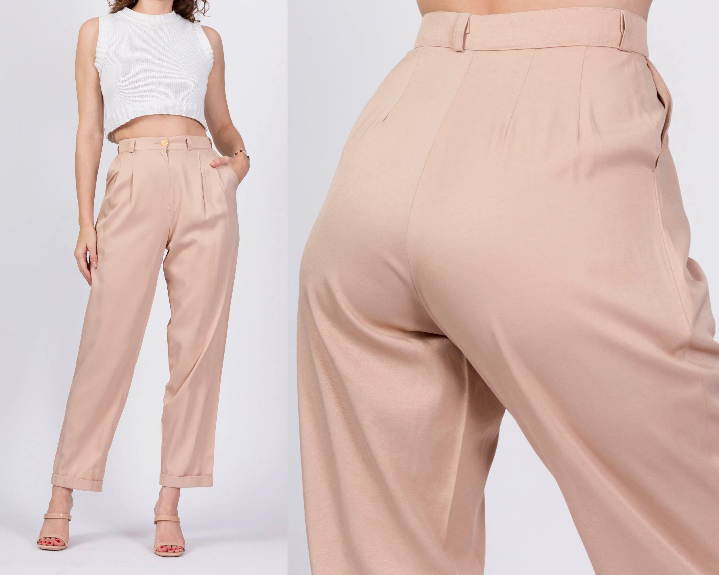 80s Tan High Waist Trousers - Small, 25.75"