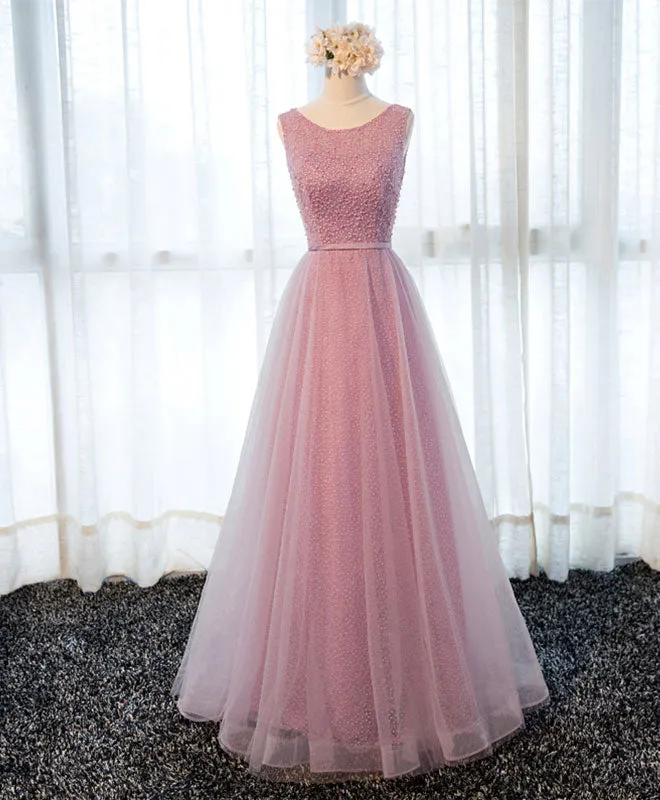 A Line Round Neck Tulle Long Prom Dress, Lace Evening Dress