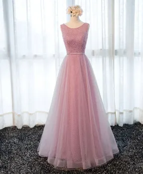 A Line Round Neck Tulle Long Prom Dress, Lace Evening Dress