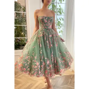 A-Line Strapless Appliqued Tulle Midi Length Prom Evening Dress