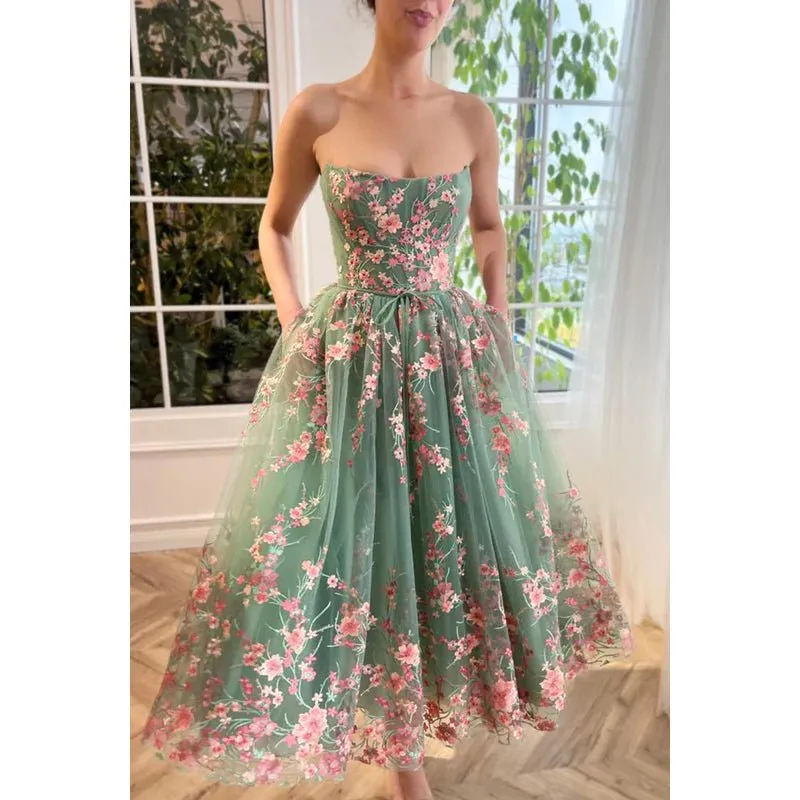 A-Line Strapless Appliqued Tulle Midi Length Prom Evening Dress