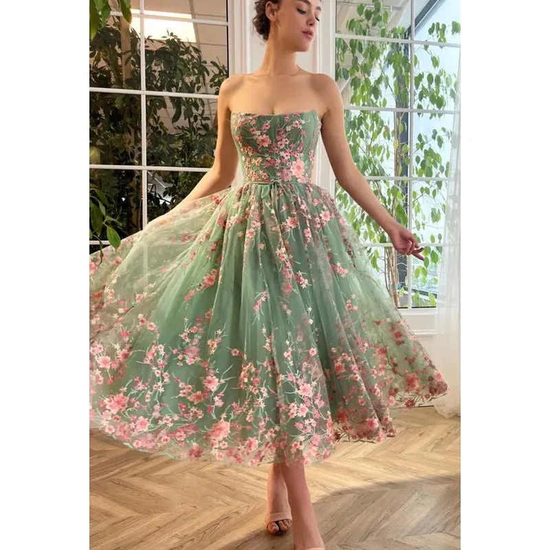 A-Line Strapless Appliqued Tulle Midi Length Prom Evening Dress