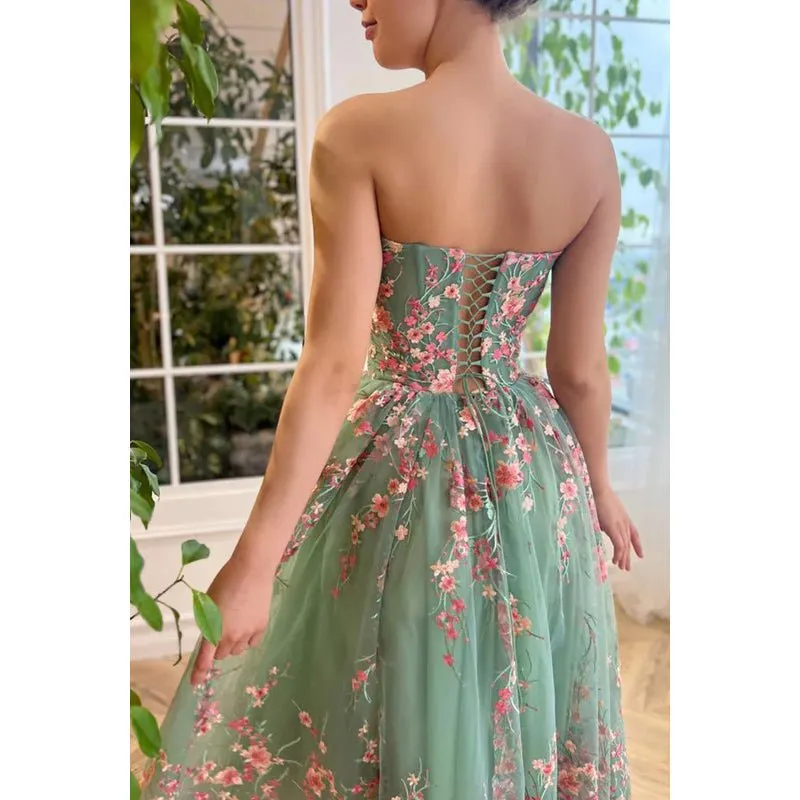 A-Line Strapless Appliqued Tulle Midi Length Prom Evening Dress