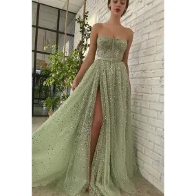 A-Line Strapless Sequined Split Sleeveless Prom Evening Formal Dress