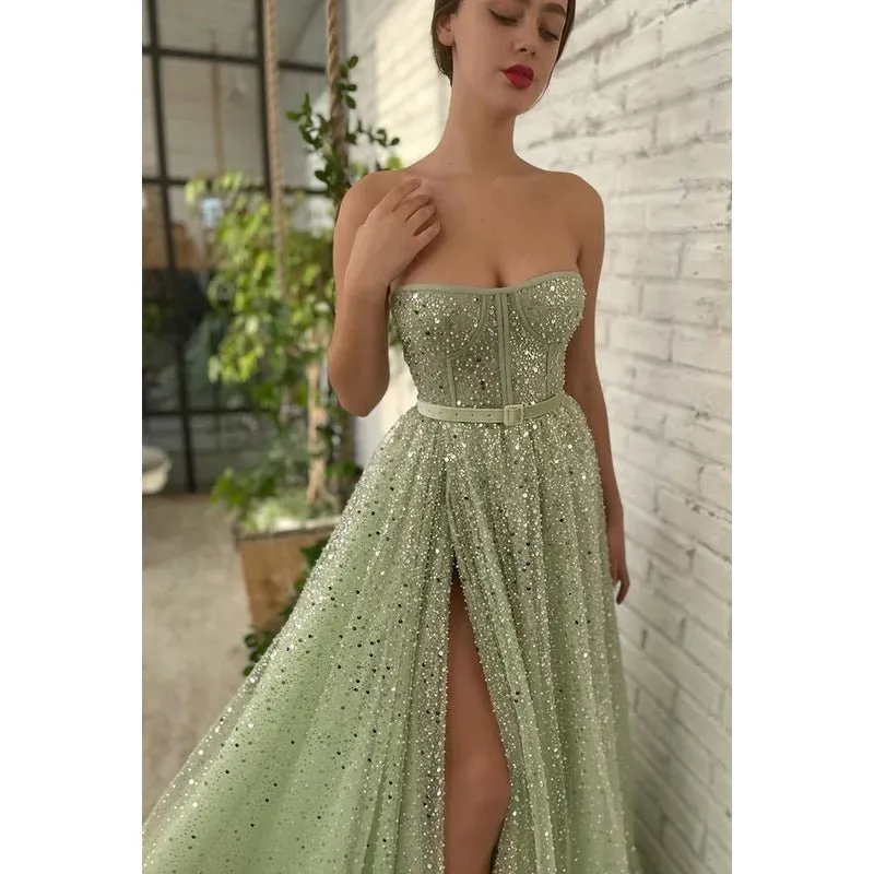 A-Line Strapless Sequined Split Sleeveless Prom Evening Formal Dress