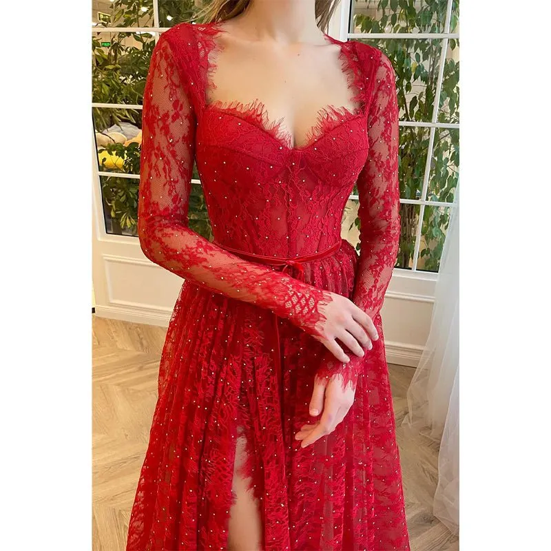 A-line Sweetheart Long Sleeves Red Lace Long Prom Dress