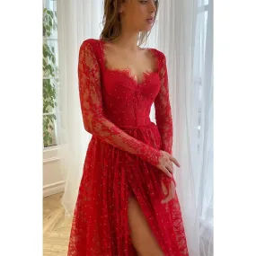 A-line Sweetheart Long Sleeves Red Lace Long Prom Dress