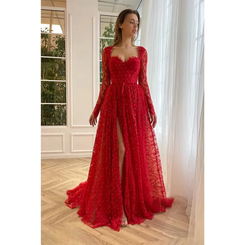 A-line Sweetheart Long Sleeves Red Lace Long Prom Dress