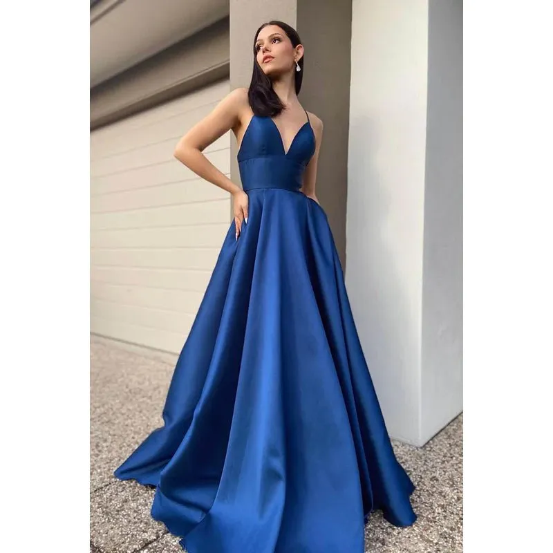 A-Line V-Neck Satin Zipper-Up Sleeveless Prom Dress