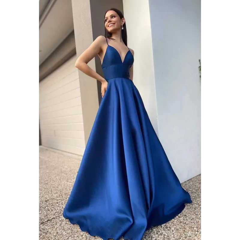 A-Line V-Neck Satin Zipper-Up Sleeveless Prom Dress