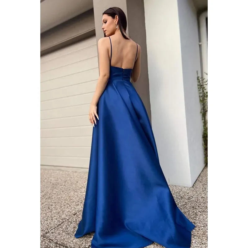 A-Line V-Neck Satin Zipper-Up Sleeveless Prom Dress