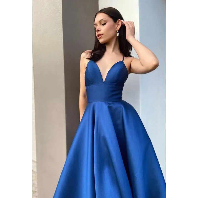 A-Line V-Neck Satin Zipper-Up Sleeveless Prom Dress