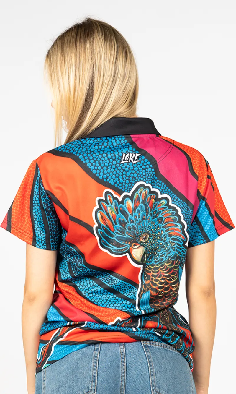 Aboriginal Art Ladies Fitted Polo Cockatoo Firebird