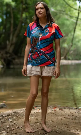 Aboriginal Art Ladies Fitted Polo Cockatoo Firebird