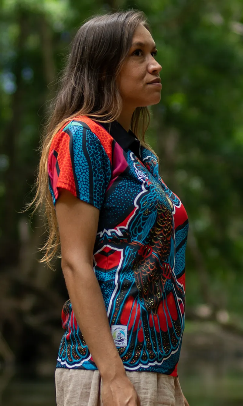 Aboriginal Art Ladies Fitted Polo Cockatoo Firebird