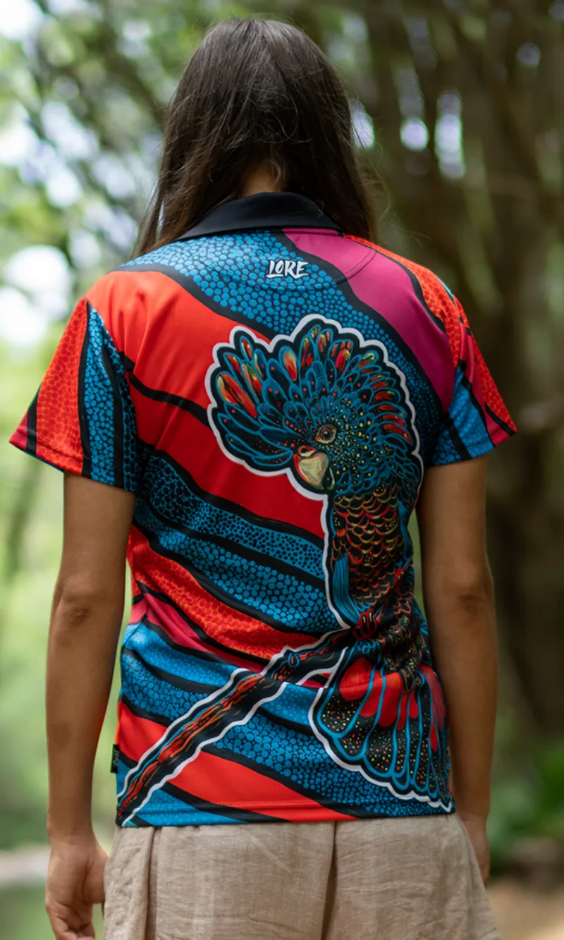 Aboriginal Art Ladies Fitted Polo Cockatoo Firebird