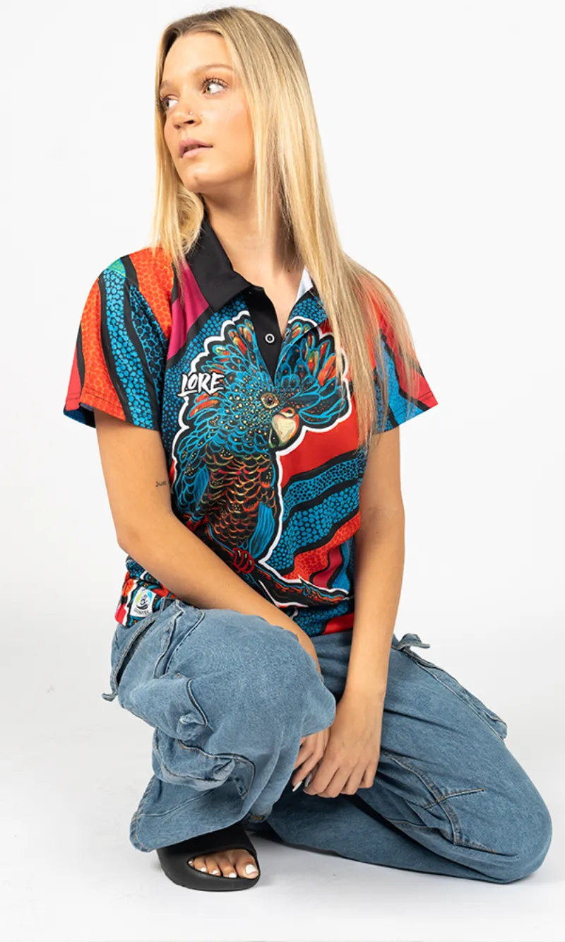 Aboriginal Art Ladies Fitted Polo Cockatoo Firebird