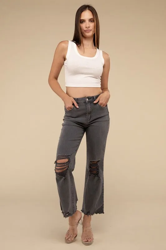 Acid Washed High Waist Distressed Straight Pants