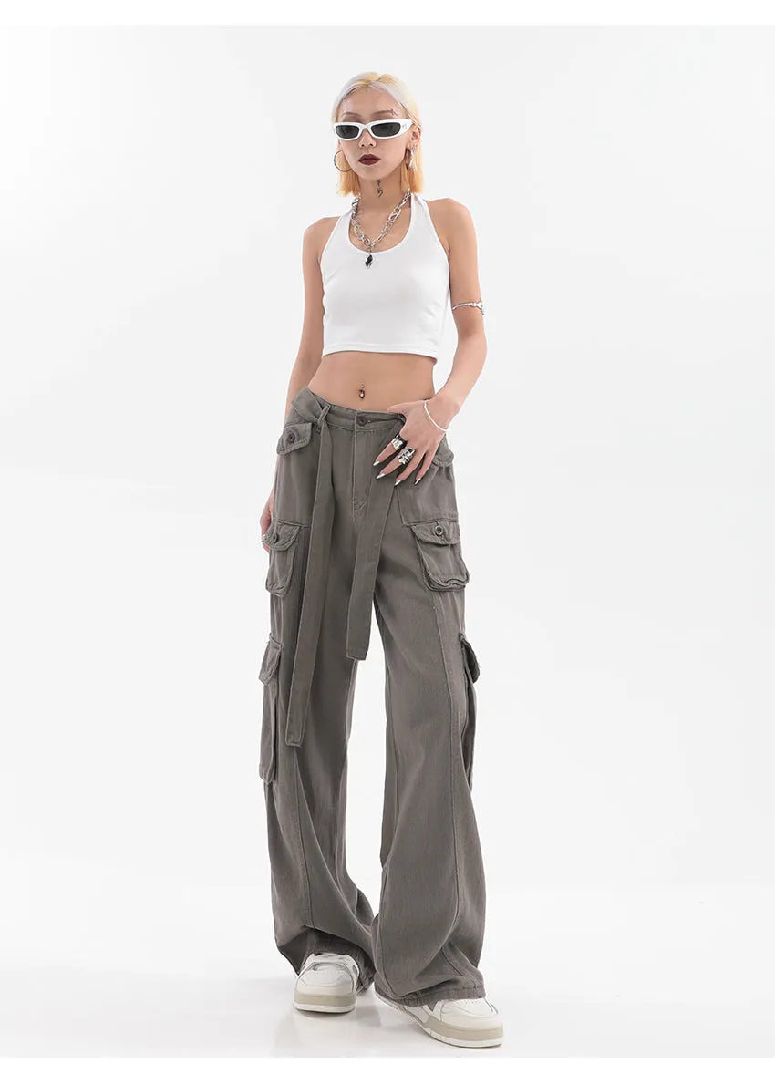 Adeline Solid Color Straight Leg Multi-Pocket Belt High Waist Cargo Pants