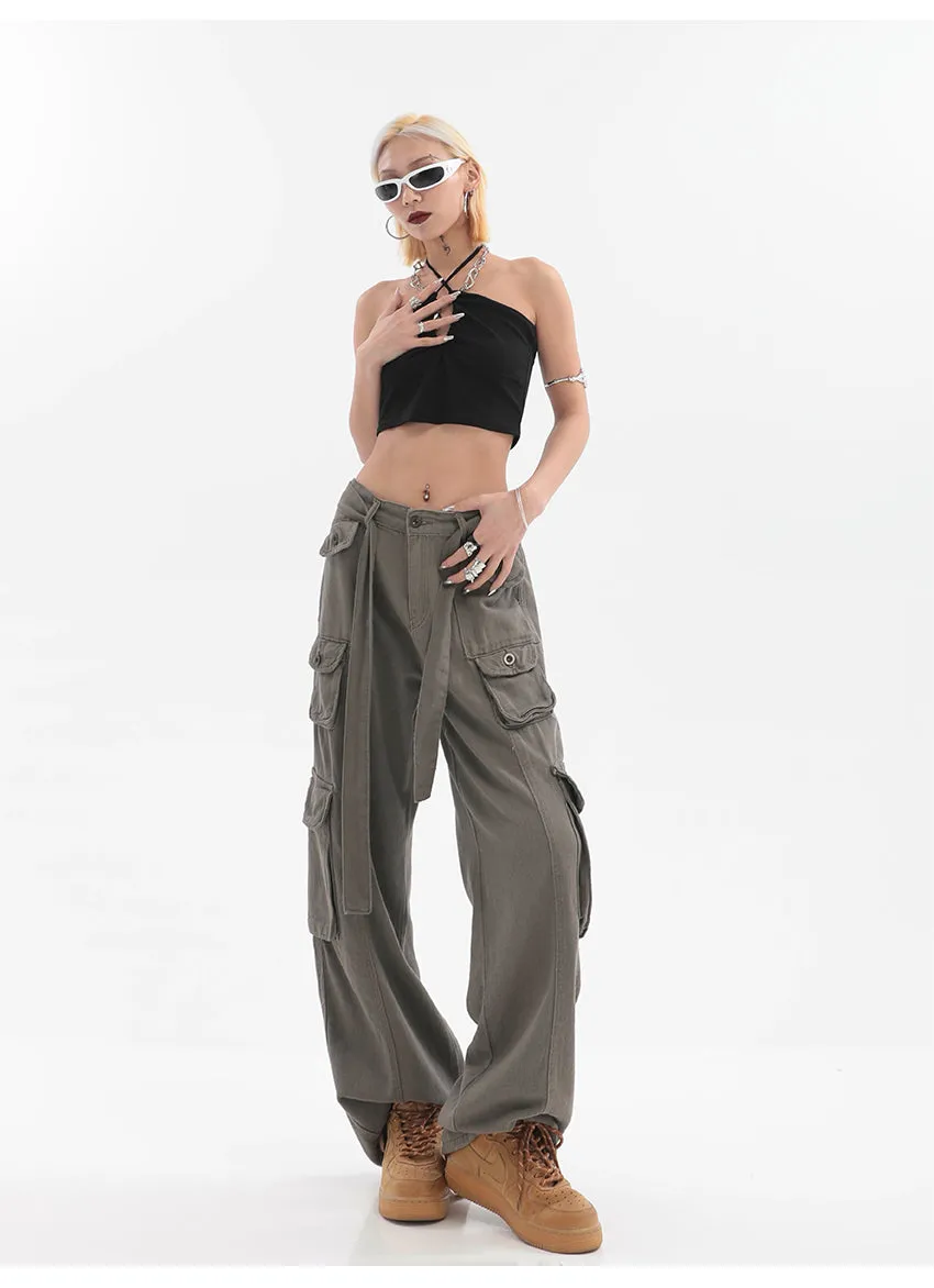 Adeline Solid Color Straight Leg Multi-Pocket Belt High Waist Cargo Pants