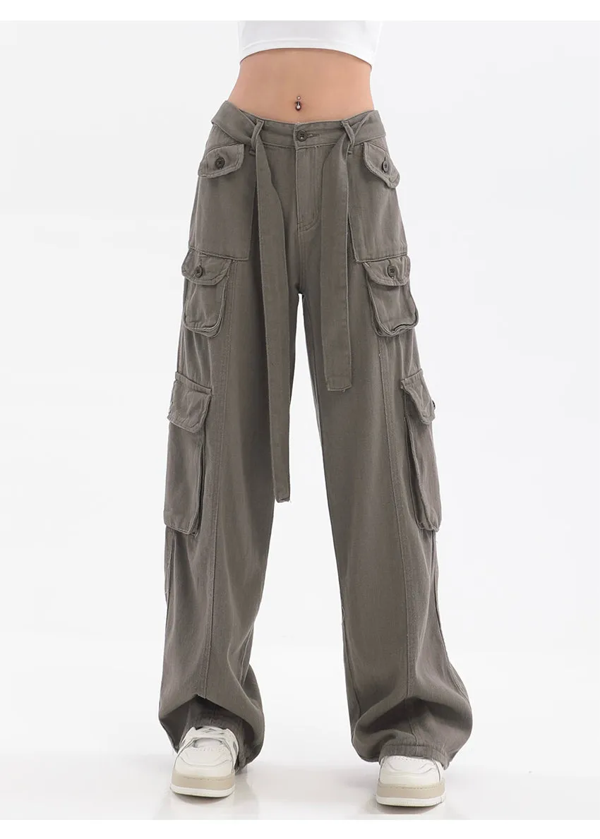 Adeline Solid Color Straight Leg Multi-Pocket Belt High Waist Cargo Pants