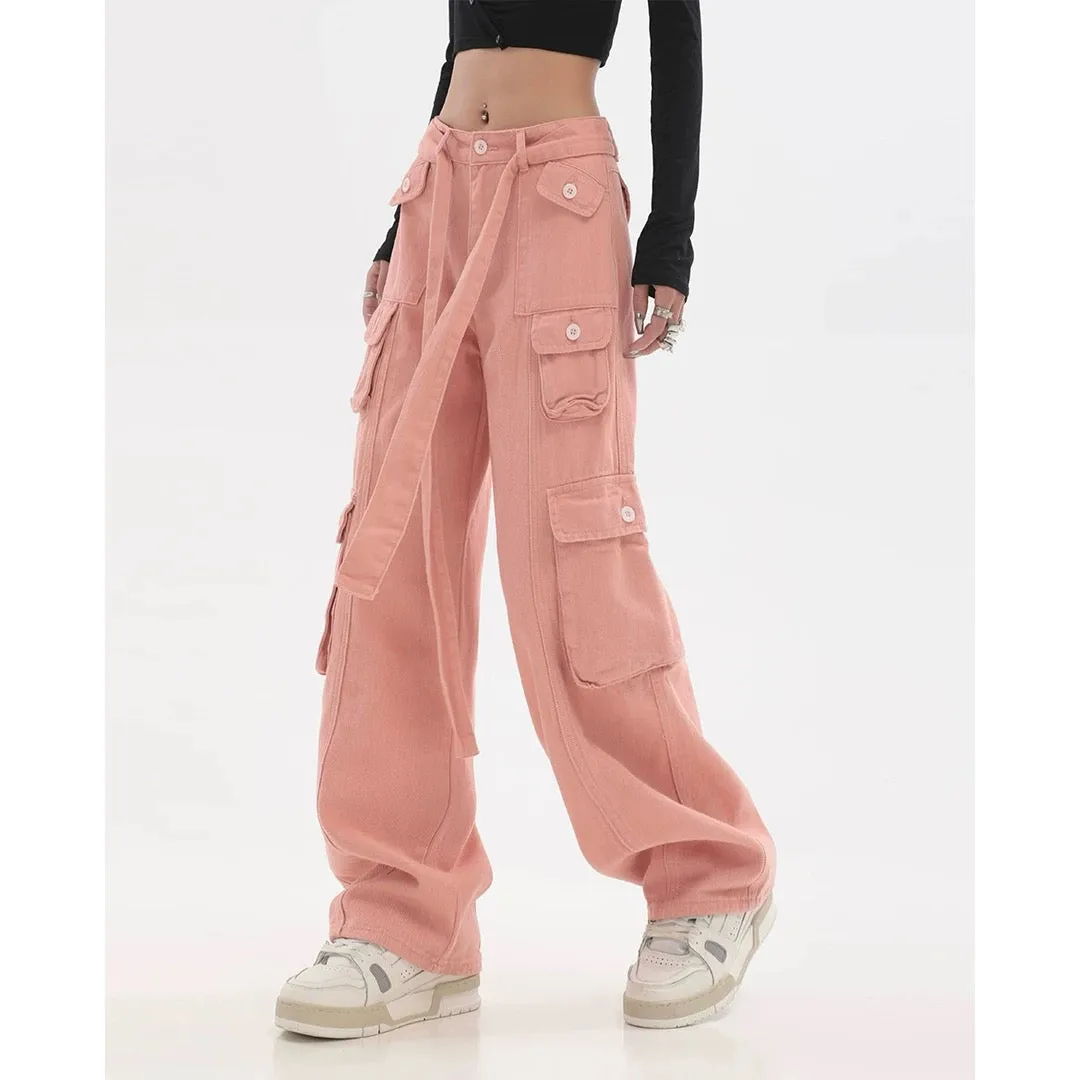 Adeline Solid Color Straight Leg Multi-Pocket Belt High Waist Cargo Pants