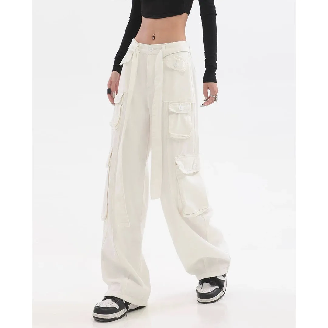 Adeline Solid Color Straight Leg Multi-Pocket Belt High Waist Cargo Pants