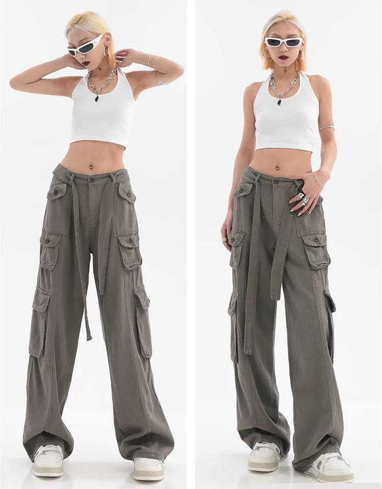 Adeline Solid Color Straight Leg Multi-Pocket Belt High Waist Cargo Pants