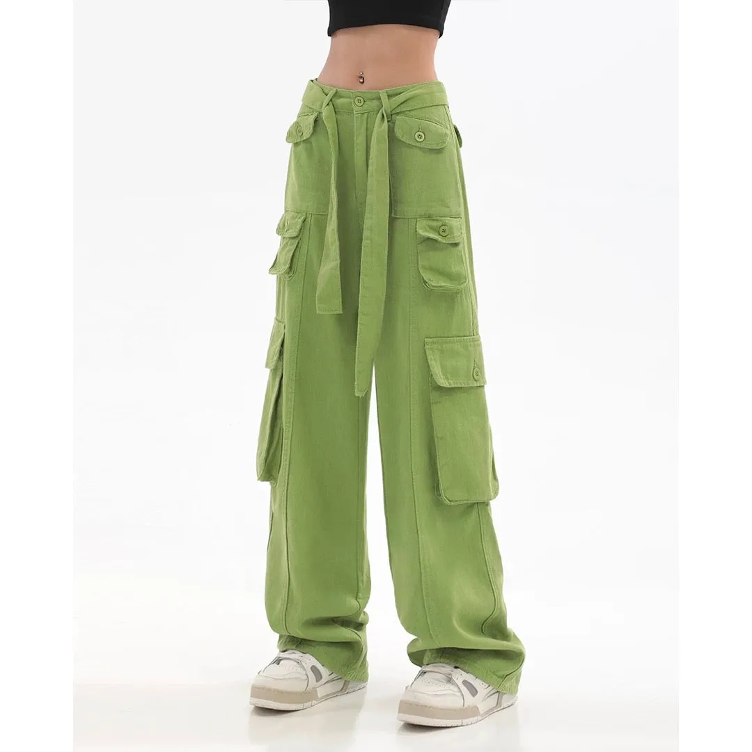 Adeline Solid Color Straight Leg Multi-Pocket Belt High Waist Cargo Pants