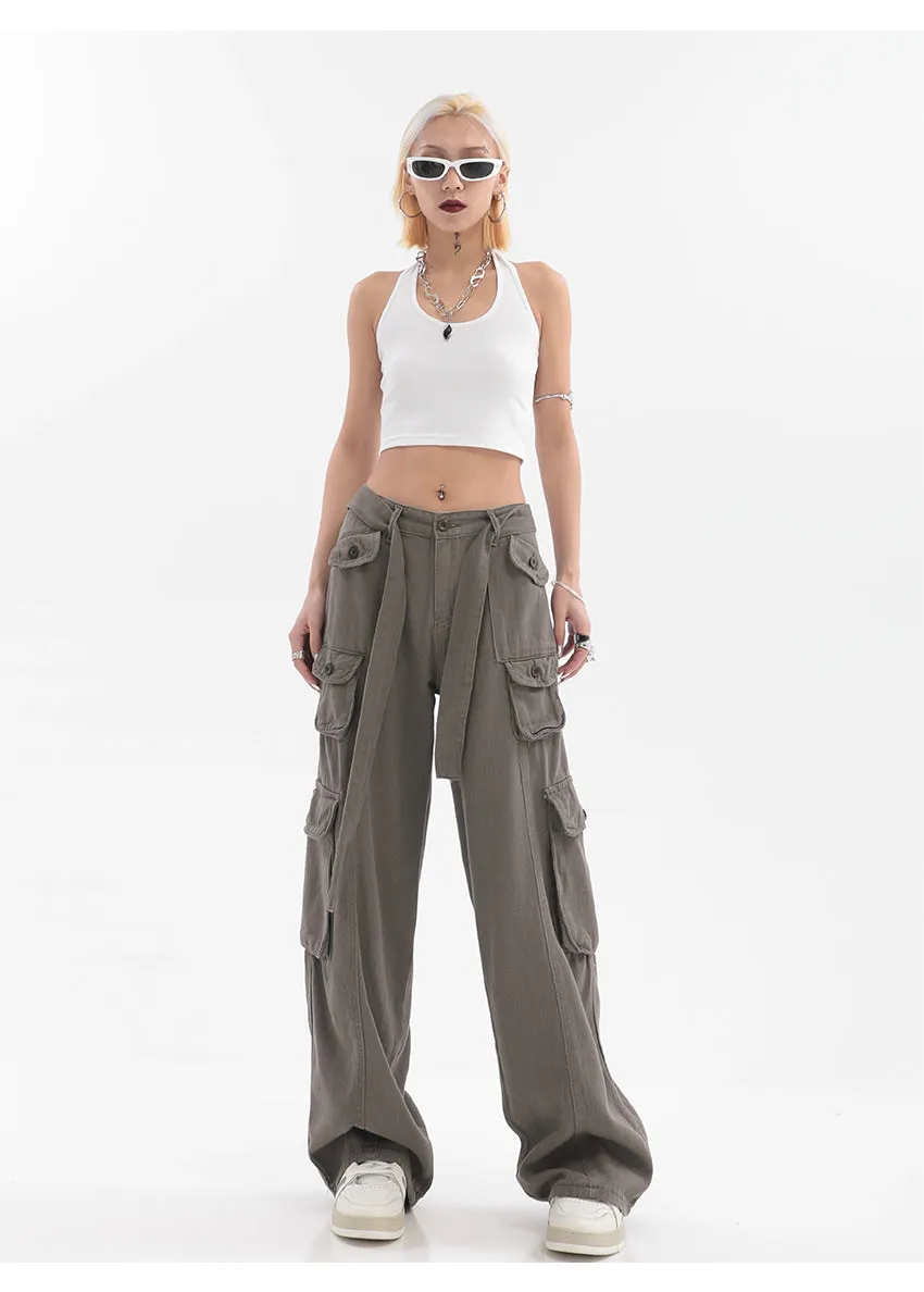 Adeline Solid Color Straight Leg Multi-Pocket Belt High Waist Cargo Pants