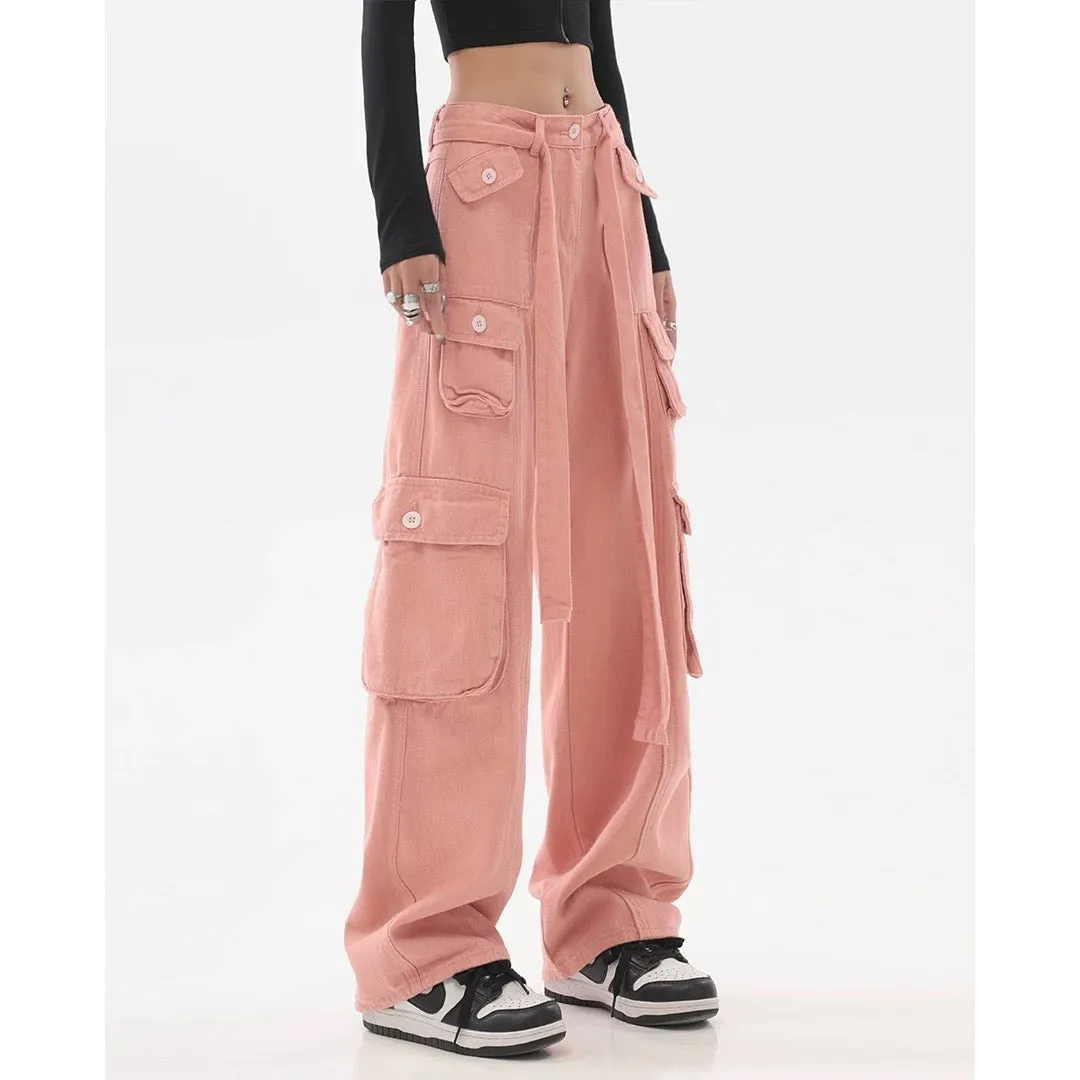 Adeline Solid Color Straight Leg Multi-Pocket Belt High Waist Cargo Pants