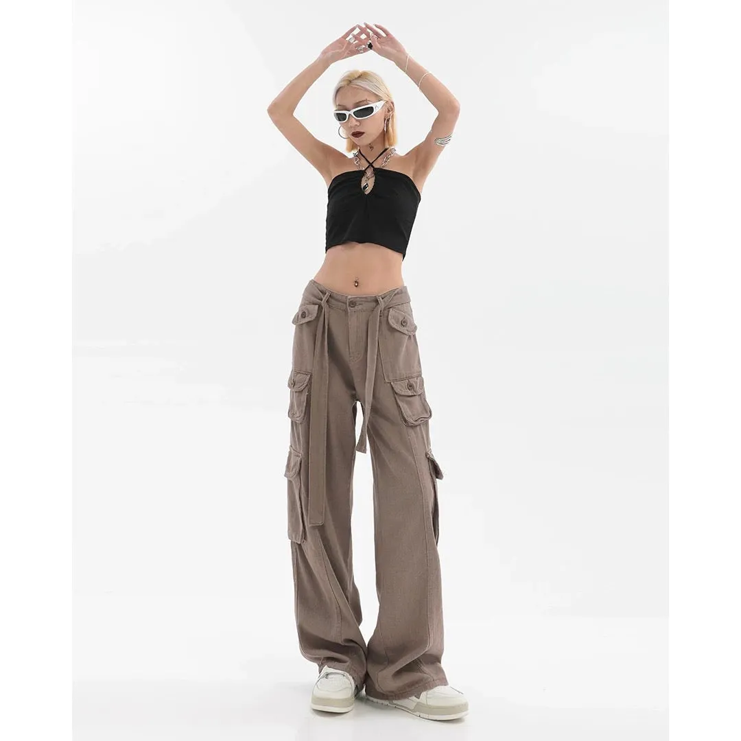 Adeline Solid Color Straight Leg Multi-Pocket Belt High Waist Cargo Pants