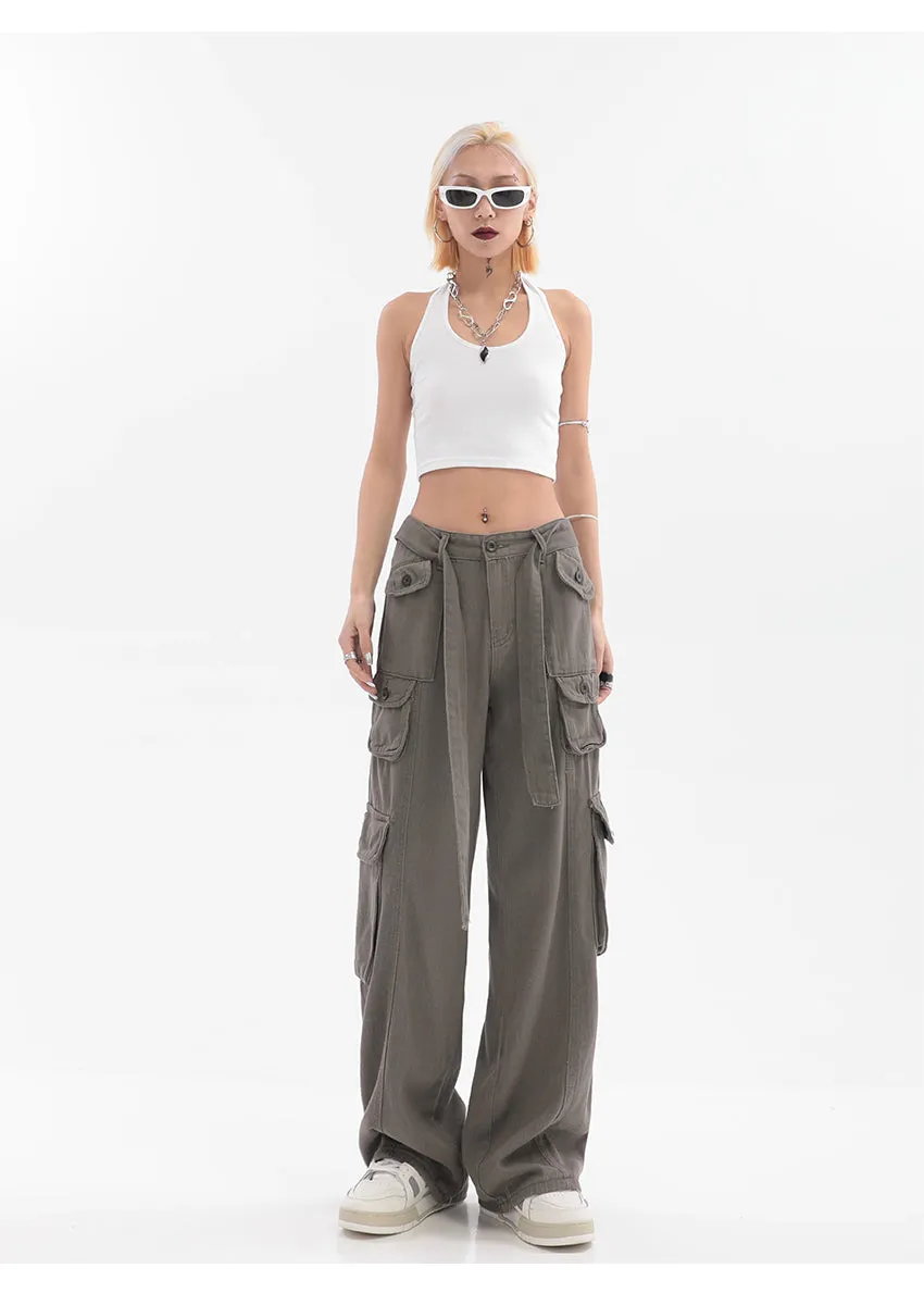 Adeline Solid Color Straight Leg Multi-Pocket Belt High Waist Cargo Pants