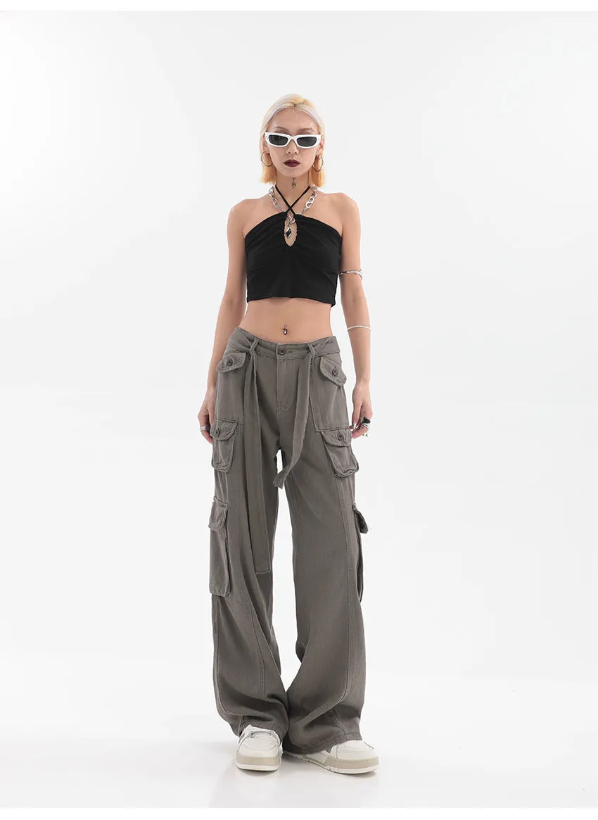 Adeline Solid Color Straight Leg Multi-Pocket Belt High Waist Cargo Pants