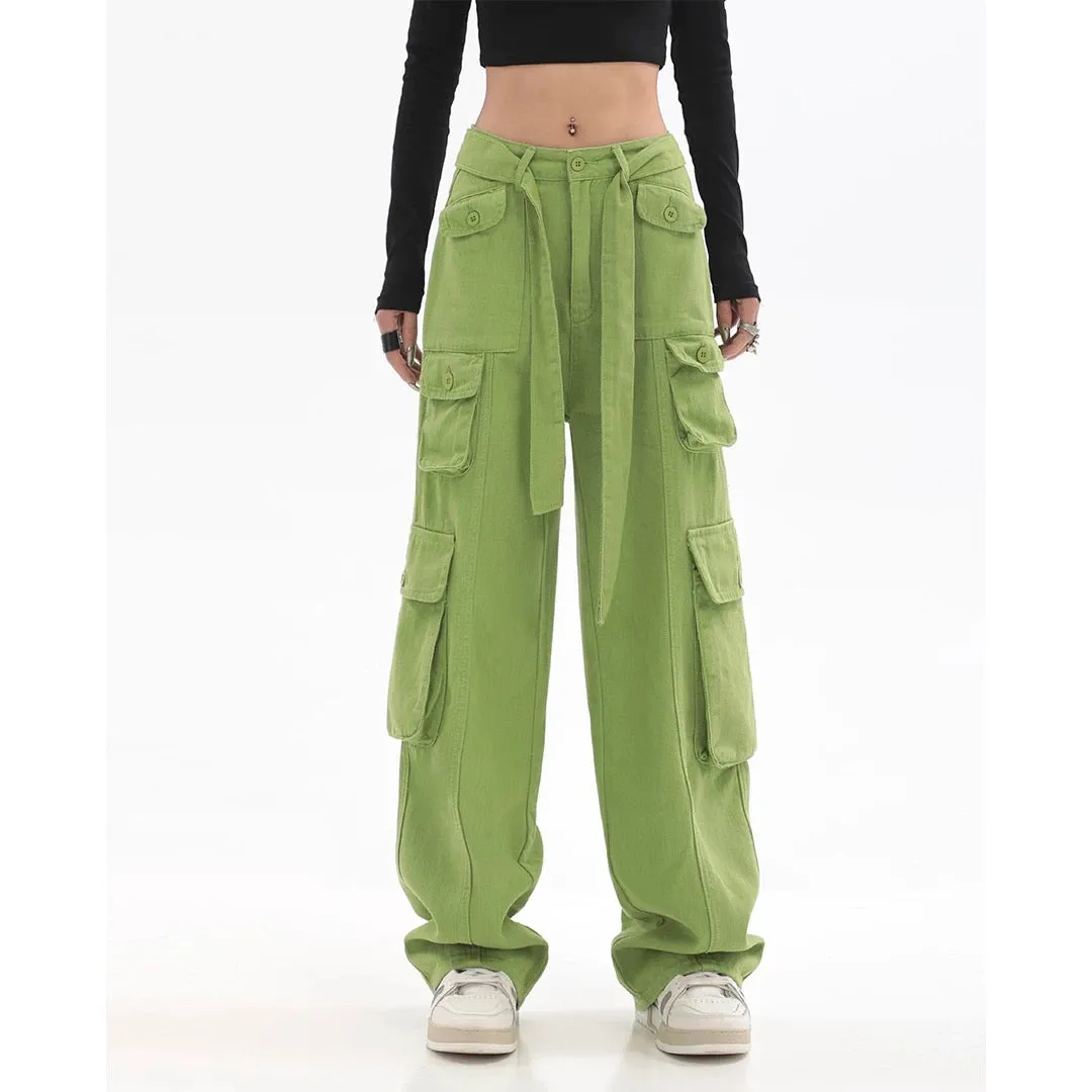 Adeline Solid Color Straight Leg Multi-Pocket Belt High Waist Cargo Pants