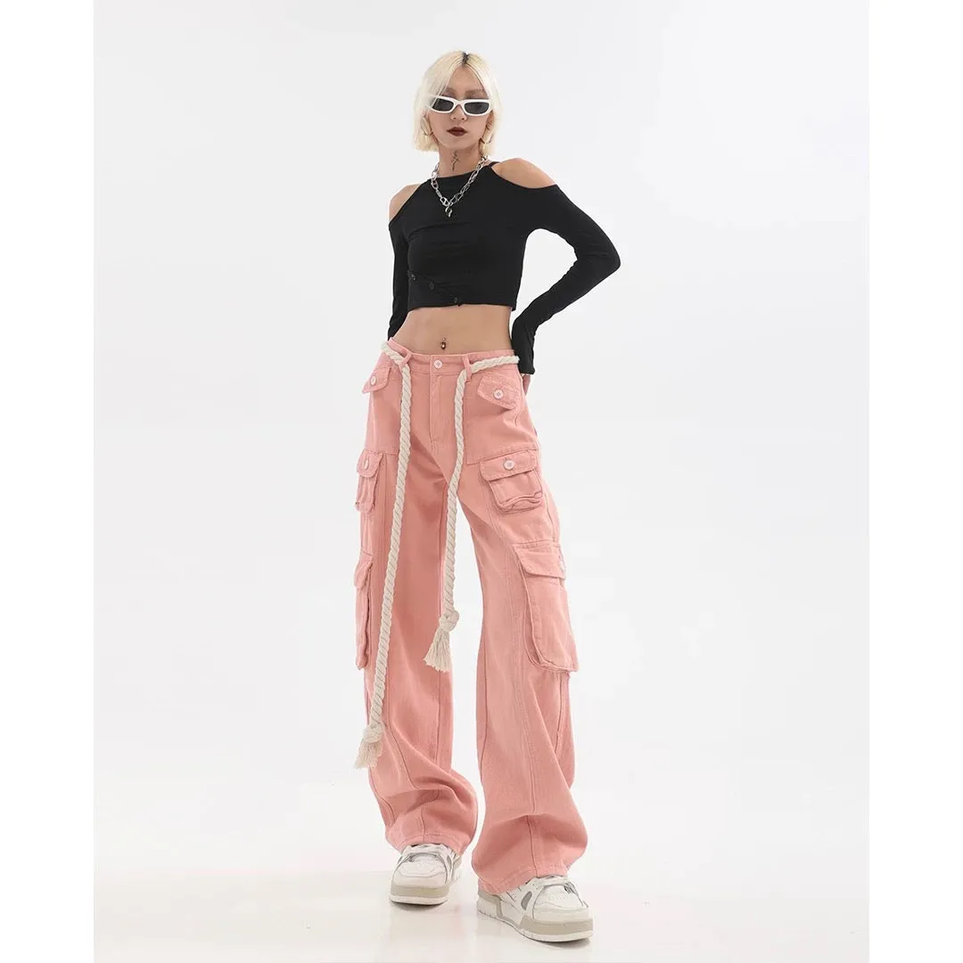 Adeline Solid Color Straight Leg Multi-Pocket Belt High Waist Cargo Pants