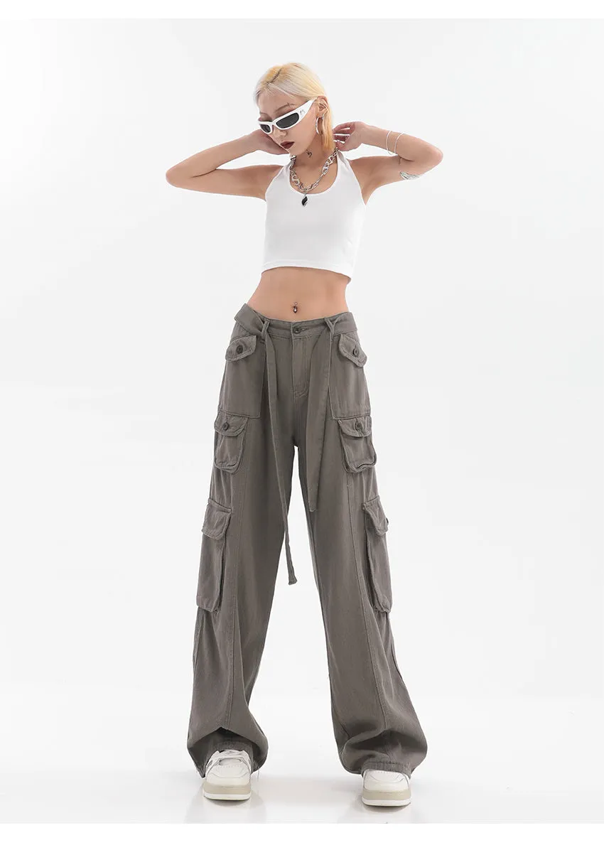 Adeline Solid Color Straight Leg Multi-Pocket Belt High Waist Cargo Pants